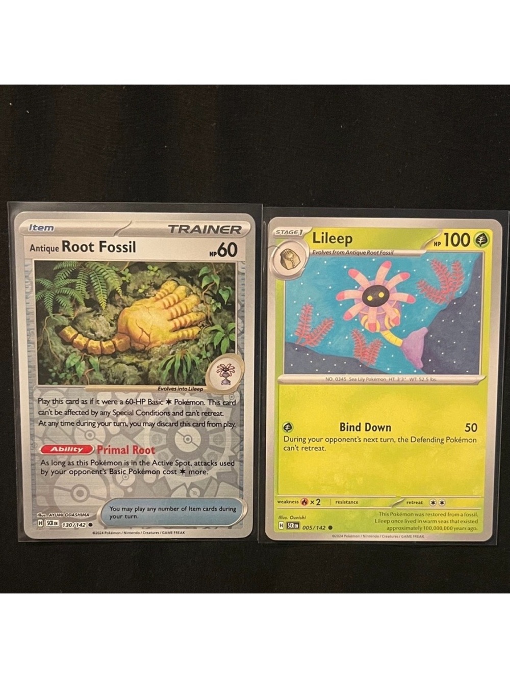 2 POKEMON CARDS - ANTIQUE ROOT FOSSIL REVERSE HOLO #130/142 & LILEEP #5/142